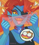 anthro dental_dam eye_patch eyewear female heart_symbol solo teeth_showing tongue tongue_out morrch undertale_(series) alphys undyne fish marine absurd_res hi_res