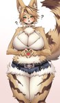 anthro big_breasts blonde_hair blush breasts clothing female fur green_eyes hair heart_symbol looking_at_viewer simple_background solo tail thick_thighs topwear tuft white_body white_fur yellow_body yellow_fur kkhyun5016 mihoyo zenless_zone_zero pulchra_fellini felid feline mammal thiren absurd_res digital_media_(artwork) hi_res