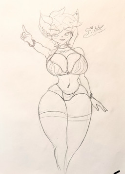 anthro big_breasts bracelet breasts clothing collar curvy_figure ear_piercing female flesh_tunnel fluffy fluffy_tail gauged_ear gesture hand_gesture hourglass_figure huge_breasts jewelry legwear looking_at_viewer male male/female navel navel_piercing piercing pointing solo spiked_collar spikes stockings swimwear tail thigh_highs fibbelous canid canine mammal hi_res
