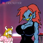 anthro beard being_watched big_breasts bouncing_breasts breasts cleavage clothed clothing duo facial_hair female fin fully_clothed gaping_mouth hair horn huge_breasts looking_at_another male navel_outline open_mouth sharp_teeth teasing teeth tongue tongue_out rohan_furries trickster_(artist) undertale undertale_(series) zamn asgore_dreemurr undyne bovid caprine fish goat mammal marine 1:1 animated short_playtime