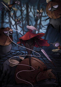 2_horns biped black_body black_eyes cloak clothed clothing eyelashes female fighting_pose flying group holding_melee_weapon holding_object holding_weapon horn looking_at_another male male/female melee_weapon pose red_cloak red_clothing size_difference standing thick_thighs thread weapon wings ssleepyflowers hollow_knight:_silksong hollow_knight_(franchise) team_cherry hornet_(hollow_knight) animal_humanoid arachnid arachnid_humanoid arthropod arthropod_humanoid fly_(animal) humanoid insect spider_humanoid wardenfly 2026 absurd_res hi_res