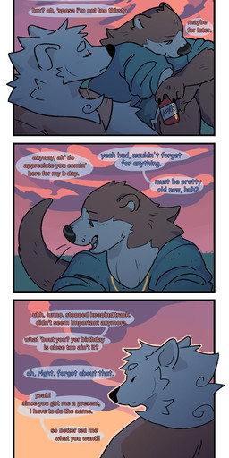anthro beverage biped black_nose blue_eyes border brown_body brown_fur clothed clothing cloud detailed_background dialogue duo eyes_closed fur grass green_clothing holding_object jewelry male necklace orange_clothing outside plant sitting sky solo speech_bubble star sunset text white_body white_border white_fur voidhound canid canine canis domestic_dog mammal mustelid nordic_sled_dog otter samoyed spitz 2020 comic digital_media_(artwork) english_text hi_res multiple_scenes
