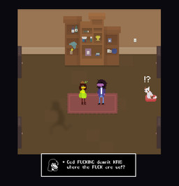 ambiguous_gender ambiguous_human angry anthro asking asking_where clothed clothed_ambiguous clothed_anthro clothed_female clothed_human clothing dialogue expression_avatar female female_anthro group interrobang name_drop name_in_dialogue profanity question style_emulation text text_box trio phenoix12 deltarune house_(game) kris_where_are_we undertale_(series) kris_dreemurr susie_(deltarune) domestic_cat felid feline felis gastropod human mammal mollusk snail 2021 crossover digital_media_(artwork) english_text meme pixel_(artwork)