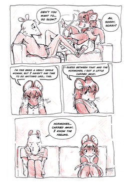anthro biped clothed clothing dialogue duo female fur hair male male/female simple_background size_difference smaller_female speech_bubble text bedupolker mariella_mazatzal rusty_reavis cricetid deer_mouse mammal mouse murid murine rodent comic english_text hi_res trans_(lore) trans_man_(lore)