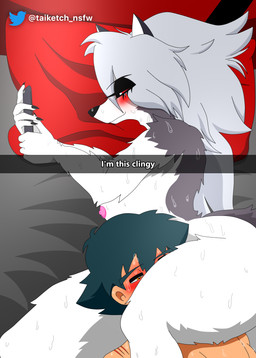amber_eyes anthro bed black_hair blush bodily_fluids breasts caption cellphone duo electronics female fur furniture hair head_between_thighs human_on_anthro interspecies long_hair looking_at_object looking_at_phone male male/female nipples nude on_bed phone pillow red_sclera smartphone smile sweat text thick_thighs white_body white_eyes white_fur white_hair taiketchem hellaverse helluva_boss i'm_this_clingy mythology nintendo pokemon ash_ketchum loona_(helluva_boss) canid canid_demon canine demon hellhound human mammal mythological_canine mythological_creature 2025 absurd_res english_text hi_res meme