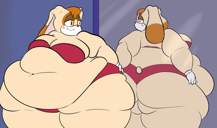 anthro back_fat bedroom_eyes belly belly_overhang big_belly big_breasts big_butt bikini blush breasts brown_eyes brown_hair butt cleavage clothed clothing fat_neck fat_rolls female female_anthro flabby_arms flabby_butt flabby_legs fur gloves hair hand_on_butt handwear lipstick looking_at_mirror looking_at_object looking_at_self makeup mature_anthro mature_female mirror mirror_reflection morbidly_obese morbidly_obese_anthro morbidly_obese_female narrowed_eyes obese obese_anthro obese_female overweight overweight_anthro overweight_female red_bikini red_clothing red_swimwear reflection seductive solo swimwear tan_body tan_fur thick_thighs two-piece_swimsuit white_clothing white_gloves white_handwear wide_hips komakomaranger sega sonic_the_hedgehog_(series) vanilla_the_rabbit lagomorph leporid mammal rabbit absurd_res hi_res