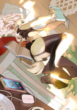 anthro bed bedroom biped book bottomwear cellphone clothing dewclaw_hooves electronics eyebrows eyelashes female female_anthro furniture green_eyes hair hooves iris legwear light long_hair panties pants phone plant plate pupils reading reading_book smartphone solo stockings sunlight sunny tail text underwear white_hair kalamurza ann_the_sheep wilma_the_sheep bovid caprine mammal sheep absurd_res artist_name hi_res