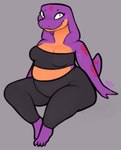 2024 anthro black_clothing bottomwear breasts clothing feet female grey_background hi_res keeshee multicolored_body ncs pants purple_body reptile scalie simple_background slightly_chubby slightly_chubby_female snake solo spots tail toes two_tone_body yoga_pants yoga_top