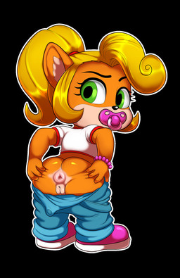 anthro anus black_background bracelet butt clothing female footwear genitals hair jewelry looking_at_viewer neonate nude object_in_mouth overalls pacifier pacifier_in_mouth ponytail presenting presenting_anus puffy_anus shirt shoes simple_background spread_anus spreading topwear vulva young young_anthro young_female oddrich activision crash_bandicoot_(series) baby_coco coco_bandicoot bandicoot mammal marsupial 2025 cropped hi_res