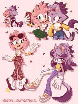 5_fingers anthro biped blush cellphone clothed clothing dipstick_tail duo electronics eyelashes female female/female fingers fur gloves green_eyes hair handwear heart_symbol holding_object holding_phone markings midriff narrow_hips pattern_background phone pink_background pink_body pink_fur purple_body purple_fur purple_hair purple_tail simple_background tail tail_markings text thigh_gap thin_calves thin_legs thin_thighs sun-supernova sega sonic_the_hedgehog_(series) amy_rose blaze_the_cat domestic_cat eulipotyphlan felid feline felis hedgehog mammal 2023 3:4 artist_name hi_res