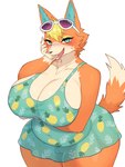 anthro big_breasts biped black_nose blush breasts cleavage clothed clothing eyelashes fangs female fur genitals green_eyes looking_at_viewer orange_body orange_fur orange_tail pussy simple_background solo tail teeth tongue tongue_out translucent translucent_clothing white_background baburusushi animal_crossing nintendo audie_(animal_crossing) canid canine canis mammal wolf 3:4 hi_res