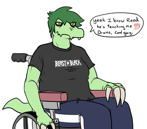 anthro clothed clothing dialogue disability female green_body green_hair hair long_snout looking_at_viewer paraplegic simple_background snout solo speech_bubble text tired_eyes vehicle wheelchair white_background yellow_sclera nrool cavemanon_studios i_wani_hug_that_gator olivia_halford baryonyx dinosaur prehistoric_species reptile scalie spinosaurid theropod absurd_res english_text hi_res