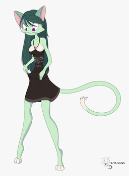 angry anthro black_clothing black_dress breasts cleavage clothed clothed_female clothing digitigrade dipstick_tail dress female fur green_body green_fur green_hair hair long_hair markings nipple_outline purple_eyes simple_background solo tail tail_markings text thin_tail white_background kanrod_stavoyan dreamkeepers lilith_calah domestic_cat felid feline felis mammal 2025 hi_res