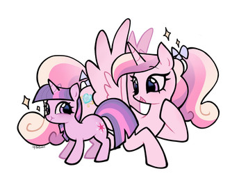 duo female feral horn looking_at_viewer open_mouth ribbons simple_background smile smiling_at_viewer sparkles wings petaltwinkle friendship_is_magic hasbro my_little_pony mythology princess_cadance_(mlp) twilight_sparkle_(mlp) equid equine mammal mythological_creature mythological_equine unicorn winged_unicorn hi_res