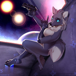 5_fingers anthro barefoot biped black_nose black_sclera blue_eyes breasts claws cybernetic_limb cybernetics exposure_variation fangs featureless_breasts feet female fingers fur grey_body grey_fur gun hindpaw looking_at_viewer machine nude pawpads paws ranged_weapon science_fiction solo space teeth toe_claws toes weapon kyander mythology eleniel canid canine canis cyborg mammal mythological_canine mythological_creature werecanid werecanine werecreature werewolf wolf 1:1 hi_res