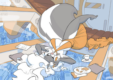 anthro big_breasts biped breasts clothed clothing container cup detailed_background eyes_closed female fur grey_body hair lying multicolored_body on_back solo tea_cup white_body white_hair conditional_dnp jollyjack chloe_sinclaire mammal mephitid skunk 2026