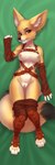 2015 anthro arm_warmers armwear biped blush breasts canid canine clothing dakimakura dakimakura_design digital_media_(artwork) ear_piercing female fennec_fox fox foxdaemon genitals gin_(foxdaemon) looking_at_viewer lying mammal mostly_nude nipples piercing pussy shaded smile solo straps true_fox wolfy-nail