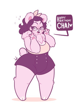 3_toes 4_fingers accessory anthro birthday bottomwear breasts chest_tuft clothing dialogue eyewear feet female fingers fur gesture glasses hair hair_accessory hand_gesture open_mouth pawpads simple_background solo sparkles speech_bubble standing tail teeth text toes topwear tuft v_sign wearing_glasses white_background marshmallowfury mammal unknown_species english_text hi_res signature