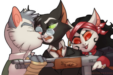 4_fingers anthro anthro_on_anthro cheek_tuft claws clothed clothed_anthro clothed_female clothed_male clothing collared_shirt cute_fangs digit_ring dress_shirt ear_piercing ear_ring eyebrows eyelashes eyes_closed eyeshadow eyewear facial_tuft fangs female female_anthro female_supporting_yaoi finger_claws finger_ring fingers foreplay gaze gentleman glasses glasses_askew group gun hair hand_wraps head_tuft headgear headkerchief headwear holding_gun holding_object holding_ranged_weapon holding_shotgun holding_weapon hoop_ear_ring imminent_kiss iris jacket jewelry kerchief lips lipstick long_hair looking_at_another makeup male male/male male_anthro necktie nuzzling one_eye_closed open_mouth open_smile piercing pupils pushing_away ranged_weapon ring_piercing round_glasses shirt shotgun simple_background smile suit teeth temptation text topwear trio tuft undershirt vest weapon wearing_glasses white_background wraps bluecoffeedog lackadaisy mordecai_heller nicodeme_savoy serafine_savoy domestic_cat felid feline felis mammal 3:2 artist_name english_description shaded brother_(lore) brother_and_sister_(lore) sibling_(lore) sister_(lore)