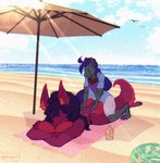 anthro backrub beach beach_blanket beach_umbrella clothed clothing duo female fluffy fluffy_tail fur grey_body grey_fur hair larger_female long_hair male male/female no_bra open_clothing open_shirt open_topwear parasol purple_hair red_body red_fur relaxing sand sea seaside shirt size_difference sky skyscape smaller_male smile sunscreen swimming_trunks swimwear tail topwear water resinger17 nintendo pokemon mattie_(meanmetal) zeroark_(character) canid canine canis fox generation_5_pokemon mammal pokemon_(species) wolf zoroark 2020 absurd_res digital_media_(artwork) hi_res