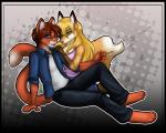 anthro bell blonde_hair clothing duo female hair male arctic-sekai canid canine felid fox mammal together_(disambiguation)