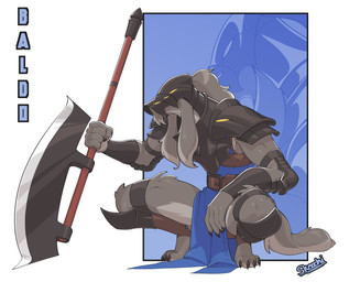 4_toes 5_fingers anthro armor axe battle_axe belt blue_clothing claws clothing crouching feet fingers fur gauntlets gloves grey_body grey_fur hair handwear headgear helmet holding_object holding_weapon male melee_weapon muscular ponytail solo text toe_claws toes weapon skecchiart dog_knight_rpg baldo_(skecchiart) canid canine canis domestic_dog greyhound hunting_dog mammal sighthound 2022 digital_media_(artwork) hi_res