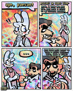 4_panel_comic alcohol anthro arm_hair beverage black_hair body_hair bow_tie cheek_spots cheek_tuft clock clothing collared_shirt container cup dialogue drinking_glass duo ellipsis facial_hair facial_tuft floppy_ears fur glass glass_container glass_cup hair half-closed_eyes male mustache narrowed_eyes nervous overalls polo_shirt shirt smile speech_bubble teeth text tooth_gap topwear tuft watch white_body white_fur wine wine_glass wristwatch rawdawgcomics bingus_(rawdawgcomics) cataldo_(rawdawgcomics) bird_dog canid canine canis domestic_dog golden_retriever hunting_dog lagomorph leporid mammal rabbit retriever 4:5 comic english_text hi_res translation_request