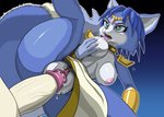 anthro anthro_on_anthro anthro_penetrated anthro_penetrating anthro_penetrating_anthro anthro_penetrating_female auto_breast_lick blue_body blue_fur bodily_fluids breast_lick breast_play breasts butt clitoral_hood clothing cum duo faceless_character faceless_male female fur genital_fluids genitals green_eyes hair hand_on_own_breast humanoid_genitalia humanoid_penis licking male male/female nipples penetration penis prodding pussy self_lick sex tongue tongue_out vaginal rockthebull nintendo star_fox krystal_(star_fox) ambiguous_species canid canine fox mammal hi_res