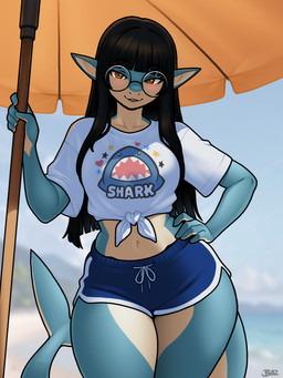 anthro bangs beach beach_umbrella big_breasts black_hair blush bottomwear breasts brown_eyes clothing collarbone eyebrows eyelashes eyewear female fin glasses green_body hair hand_on_hip hotpants long_tail midriff navel outside parasol round_glasses shirt shorts smile solo tail tail_fin tan_body thick_thighs tied_shirt topwear wearing_glasses wide_hips blazbaros aquatic archaeocete basilosaurid basilosaurus cetacean mammal prehistoric_species whale 2026 3:4 hi_res