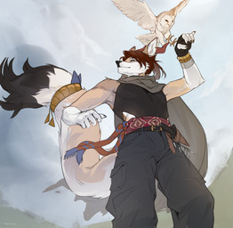 ambiguous_gender anthro biped bottomwear claws clothed clothed_anthro clothed_male clothing duo feathers feral fingers front_view fully_clothed fully_clothed_anthro fully_clothed_male fur hair male outside standing tail topwear wings hudojishe avian bird canid canine mammal owl 2026 digital_drawing_(artwork) digital_media_(artwork) hi_res