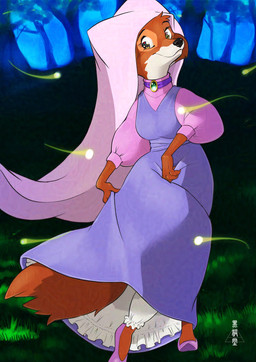 anthro black_nose breasts choker cjk_character clothing countershade_face countershading dancing dress female fluffy fluffy_tail footwear forest_background fur glistening glistening_nose grass jewelry necklace plant red_body red_fur shoes snout solo tail ukabor disney robin_hood_(disney) maid_marian ambient_arthropod arthropod beetle canid canine elateroid firefly fox insect mammal hi_res