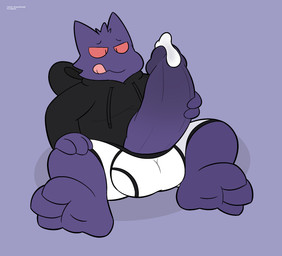 3_toes anthro balls big_balls big_penis bodily_fluids briefs bulge clothing cum cum_drip drawyourfursona dripping feet genital_fluids genitals hoodie hoodie/briefs_meme humanoid_genitalia humanoid_penis male penis simple_background solo toes tongue tongue_out topwear underwear birdvian meme_clothing nintendo pokemon generation_1_pokemon gengar ghost pokemon_(species) spirit hi_res meme