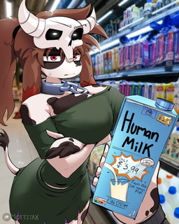 ambiguous_gender angry anthro big_breasts black_body bodily_fluids bone breasts brown_hair chain clothing collar crossed_arms dairy_products duo female food green_clothing grocery_store hair milk multicolored_body red_eyes skull sweat sweatdrop tail text two_tone_body white_body mottitax mori_(mottitax) bovid bovine cattle mammal 4:5 absurd_res artist_name english_text hi_res