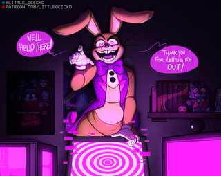 5_fingers >:d anthro bedroom big_ears black_nose book bottomless bottomless_male bow_(feature) bow_tie buckteeth camera clothed clothing computer dialogue electronics exclamation_point eyelashes fangs fingers fur glitch gloves handwear inside long_ears long_whiskers looking_at_viewer male monitor open_mouth photo picture_frame pink_eyes plushie poster purple_tongue shelf smile solo soulless_eyes speech_bubble tan_body tan_ears teeth text thick_thighs tongue topwear toy vest webcam whiskers white_eyes littlegeecko five_nights_at_freddy's five_nights_at_freddy's:_help_wanted scottgames glitchtrap lagomorph leporid mammal rabbit 2021 5:4 detailed english_text hi_res