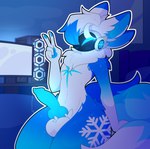 4_ears anthro balls blue_body blue_eyes blue_fur blue_hair blue_penis bodily_fluids computer dripping electronics femboy fluffy fluffy_tail fur gaming_computer genital_fluids genitals hair knot knotted_penis leaking_precum machine male multi_ear multicolored_body multicolored_fur penis precum precum_drip snowflake solo tail thick_thighs keryel yukio_(protogen) protogen absurd_res hi_res