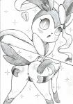 anus blush butt drawing ear_bow exclamation_point female feral genitals heart_symbol looking_at_viewer neck_bow open_mouth paws presenting presenting_anus presenting_pussy pussy raised_tail simple_background solo tail fullfolka nintendo pokemon eeveelution generation_6_pokemon pokemon_(species) sylveon black_and_white hi_res monochrome