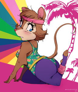 1980s_theme 3_toes abstract_background accessory alternate_costume anthro arm_support arm_tuft biped blue_eyes blush brown_body brown_fur cheek_tuft clothed clothing elbow_tuft exercise_clothing eyelashes facial_tuft feet female fingers fitness fur headband inner_ear_fluff kneeling leg_warmers legwear leotard looking_back mature_anthro mature_female palm_tree plant plantar_flexion solo tail text thin_tail toes tree tuft walliscolours don_bluth the_secret_of_nimh mrs._brisby mammal mouse murid murine rodent wood_mouse 2022 artist_name dated hi_res