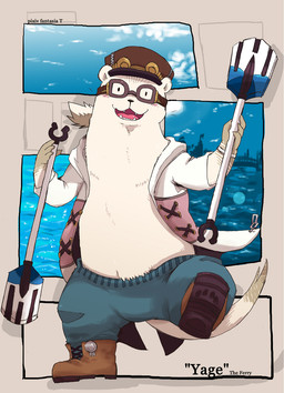 anthro blush bottomwear bulge clothing fur hat headgear headwear humanoid_hands male pants solo water weapon white_body white_fur shirokumaou mammal mustelid otter 2015 letterbox