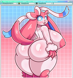 anthro areola big_breasts big_butt blue_sclera breasts butt butt_grab female fur fusion hand_on_butt huge_breasts huge_butt huge_hips huge_thighs long_ears looking_at_viewer looking_back looking_back_at_viewer nipples open_mouth pink_areola pink_body pink_fur pink_nipples pokemon_fusion presenting presenting_hindquarters rear_view ribbons smile solo thick_thighs white_body white_eyes white_fur wide_hips mintyspirit nintendo pokemon eeveelution generation_4_pokemon generation_6_pokemon hybrid lopunny pokemon_(species) sylveon 2023 watermark