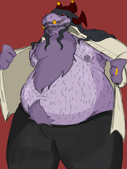 anthro body_hair clothed clothing male overweight partially_clothed presenting purple_body solo demon hi_res