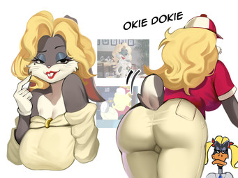 accessory anthro baseball_cap bedroom_eyes big_breasts big_butt blonde_hair bottomwear bow_ribbon breasts buckteeth butt clothed clothing crossgender dialogue dress duo eyebrows eyelashes female fully_clothed gloves hair hair_accessory hair_bow hair_ribbon handwear hat headgear headwear legs_together lipstick long_hair looking_at_viewer makeup markings mole_(marking) mtf_crossgender narrowed_eyes pants pigtails pink_nose rear_view red_clothing red_lipstick red_shirt red_t-shirt red_topwear ribbons seductive shirt standing t-shirt teeth text thick_thighs toony topwear whiskers white_clothing white_dress zzmonny looney_tunes warner_brothers bugs_bunny daffy_duck anatid anseriform avian bird duck lagomorph leporid mammal rabbit 2026 4:3 absurd_res english_text hi_res reference_image