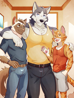 anthro arm_around_shoulders arm_scar armpit_hair athletic athletic_male belt biceps black_belt black_bottomwear black_claws black_clothing black_nose black_pants blue_bottomwear blue_clothing blue_eyes blue_jeans blue_pants body_hair bottomwear brown_belt brown_body brown_eyes brown_fur brown_hair cheek_tuft chest_tuft claws clock clothed clothed_male clothing deltoids denim denim_bottomwear denim_clothing digit_ring eye_scar eyewear facial_scar facial_tuft family_portrait forearm_muscles fully_clothed fully_clothed_male fur gesture glasses gloves_(marking) grey_clothing grey_shirt grey_t-shirt grey_topwear group hair head_tuft husband_and_husband inside jeans jewelry looking_at_viewer male male/male markings muscular muscular_male neck_tuft orange_eyes pants pawpads pecs pink_nose pink_pawpads rectangular_glasses red_sleeveless_shirt ring scar shirt short_hair shorts smile t-shirt tail topwear torn_ear trio tuft watch waving waving_at_viewer wedding_ring whisker_spots whiskers white_body white_fur yellow_clothing yellow_shirt yellow_sleeveless_shirt yellow_topwear ventkazemaru juan_(ventkazemaru) kensuke_(ventkazemaru) kodiak_(ventkazemaru) canid canine canis domestic_cat domestic_dog felid feline felis husky mammal nordic_sled_dog siamese_cat spitz hi_res adopted_(lore) adopted_son_(lore) father_(lore) father_and_child_(lore) father_and_son_(lore) parent_(lore) parent_and_child_(lore) parent_and_son_(lore) son_(lore)