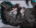 4_ears anthro black_body black_claws black_fur blue_pawpads claws cuddling duo extreme_size_difference female feral fur grey_body grey_fur male male/female multi_ear pawpads size_difference korka korka_(character) felid feline hybrid hyena lynx mammal hi_res