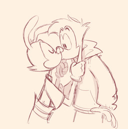 anthro clothed clothing duo ear_pull eyes_closed gloves handwear kiss_on_lips kissing looking_at_another love male male/male surprised ciervorobot animaniacs disney goof_troop warner_brothers max_goof yakko_warner canid canine canis domestic_dog inkblot mammal absurd_res hi_res sketch