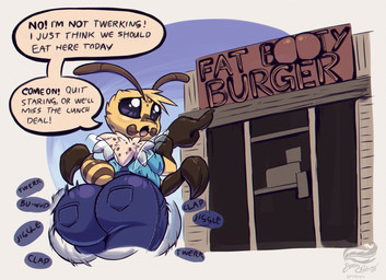 4_arms antennae_(anatomy) anthro big_butt butt butt_jiggle dialogue gesture hand_gesture jiggling male mandibles multi_arm multi_limb pointing restaurant solo speech_bubble stinger text jammerhighwind wexley_(jammerhighwind) arthropod bee honey_bee hymenopteran insect 2024 dated english_text hi_res