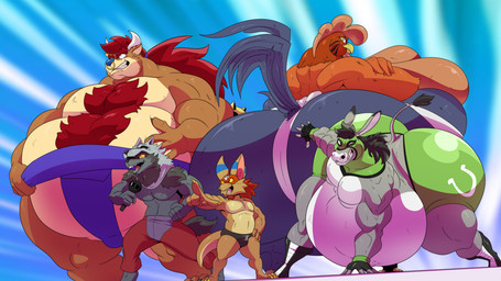 anthro beak belly big_belly big_butt blue_nose body_hair bottomwear butt chest_hair clothed clothing crossed_arms electronics facial_piercing fur gesture grey_body grey_fur grin group hair hand_gesture horn huge_belly huge_butt hyper hyper_butt male mask microphone nose_piercing nose_ring obese obese_anthro obese_male overweight overweight_anthro overweight_male pants piercing pointing pose red_hair ring_piercing size_difference smile sports_mask sportswear standing sumo thick_thighs topless topless_anthro topless_male wrestling_mask wrestling_outfit reagan700 crytus_(character) eddie_(reagan700) taiho asinus avian bat bird canid canine canis chicken donkey equid equine galliform hybrid mammal phasianid wolf 2023 hi_res