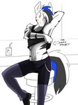 anthro apple_juice beverage chain clothed clothing fully_clothed juice_(beverage) male midriff shirt shirt_up solo tank_top topwear topazknight haan_(character) equid equine mammal zebra