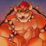 2_horns ambient campfire dusk genitals horn male penis sitting smile solo star gol1ath mario_bros nintendo bowser koopa scalie 2023 digital_drawing_(artwork) digital_media_(artwork) hi_res shaded