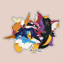 anthro bard black_hair blush chibi clothing duo hair hand_holding hat headgear headwear heart_symbol hug lgbt_pride male male/male one_eye_closed piercing pride_colors simple_background sticker transgender_pride_colors wink kizumu(cryingdream) fukuoka maoqianyu canid canine fox lagomorph leporid mammal rabbit 1:1 2026 absurd_res clip_studio_paint_(artwork) digital_drawing_(artwork) digital_media_(artwork) hi_res signature