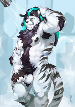5_fingers abs anthro arm_tuft armpit_hair balls bedroom_eyes biceps biped black_body black_claws black_fur black_hair black_markings black_nose black_penis black_stripes black_tail blue_hair body_hair chest_hair chest_tuft claws clenched_teeth dreadlocks erection eyebrows fangs fingers foreskin front_view fur fur_tuft genital_piercing genitals green_eyes hair hair_over_eye half-closed_eyes hand_on_head hand_on_penis happy_trail humanoid_genitalia humanoid_hands humanoid_penis long_hair long_tail male markings multicolored_body multicolored_fur multicolored_hair muscular muscular_anthro muscular_male narrowed_eyes nipples nude one_eye_obstructed partially_retracted_foreskin pecs penis penis_piercing piercing pose prince_albert_piercing pubes seductive sharp_teeth shower simple_background smile solo standing striped_markings striped_tail stripes tail tail_markings teeth thick_tail tuft vein veiny_penis wet white_balls white_body white_fur white_tail mystikfox61 masada cheetah felid feline hybrid king_cheetah lion mammal pantherine prehistoric_species saber-toothed_tiger tiger 2017 hi_res
